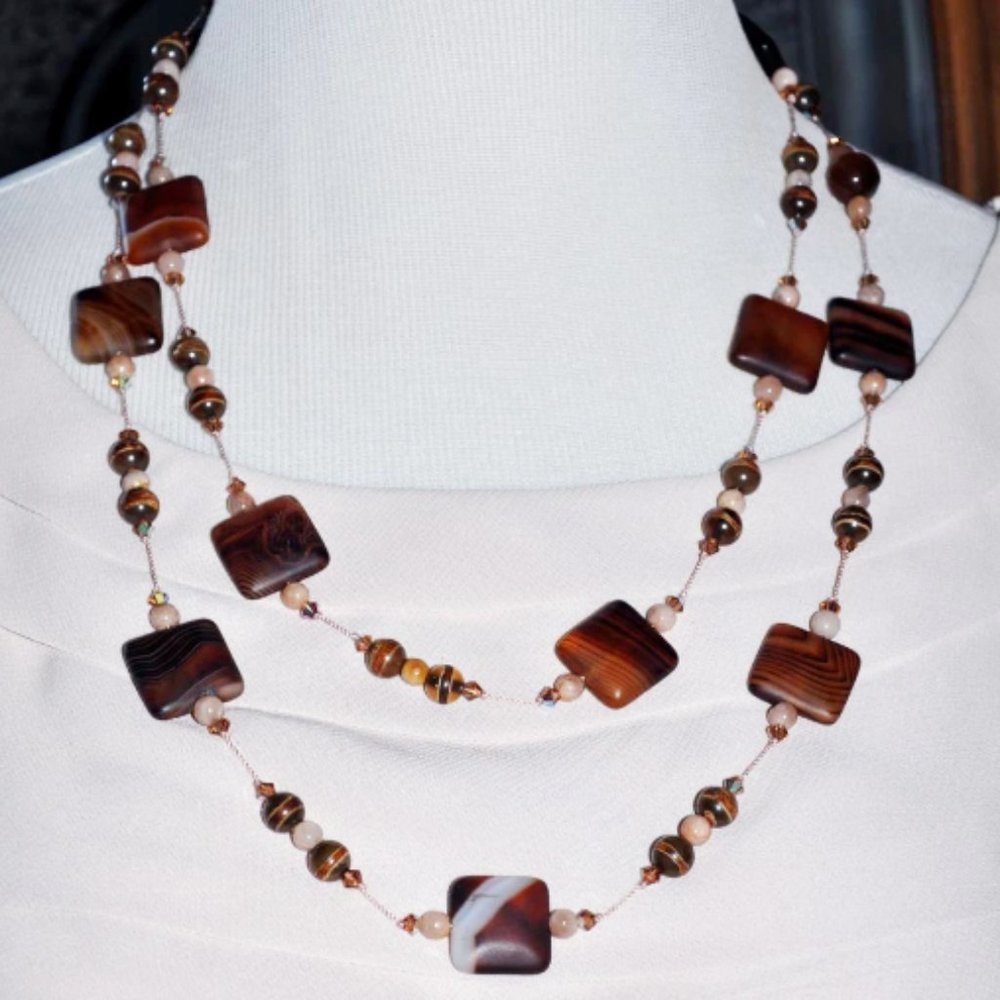 Handmade Handknotted Brown, Caramel & Cream Chicklet Beaded Necklace
